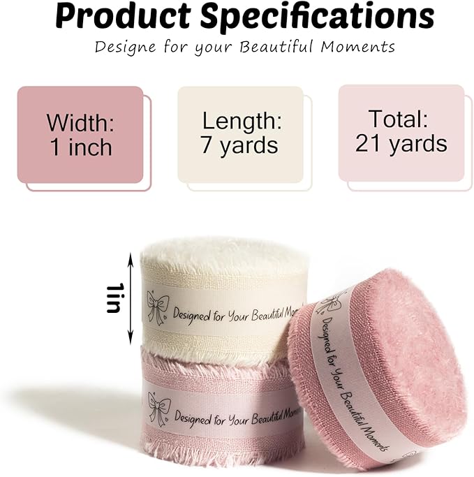Pink & Ivory Cotton Ribbon 1 Inch Dusty Pink, Soft Pink & Cream 3 Rolls 21 Yards Frayed Edge Fabric Set for Rustic Wedding Decor, Engagement Party, Bridal Bouquet Wrap & Gift Wrapping