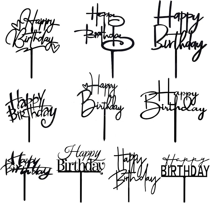 10 PCS Black Happy Birthday Cake Topper Acrylic Cupcake Topper A Series of Birthday Cake Supplies Decorations
