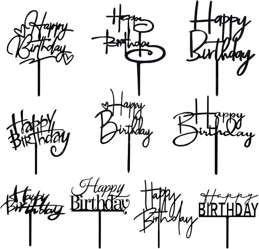 10 PCS Black Happy Birthday Cake Topper Acrylic Cupcake Topper A Series of Birthday Cake Supplies Decorations