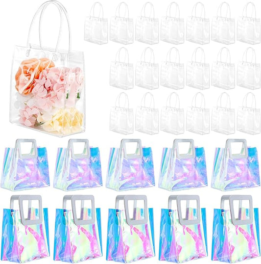 30 Pcs Reusable Holographic Gift Bags with Handle Iridescent Bachelorette Party Favor Bags Clear Tote Goodie Bags for Shopping Baby Showers Weddings - 5.9x6.3x2.8/8.3x8x4/11x9.8x5.7 Inch(20/5/5 Pcs)