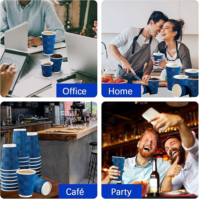 Lamosi 500-Count 12 oz Insulated Paper Coffee Cups Bulk, Disposable Corrugated Cups 12oz, Kraft Ripple Wall Design for Hot Beverage or Cold Drink Office Home Party Travel Cafe (Navy)