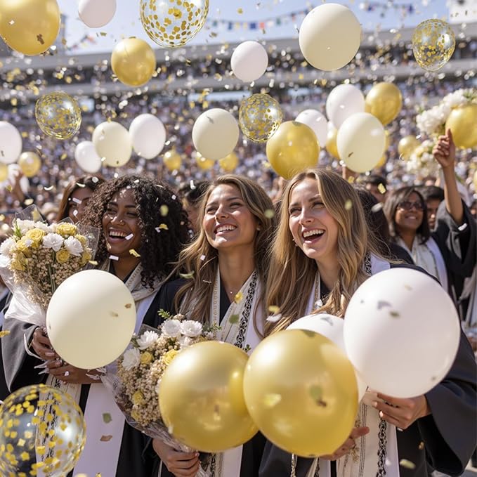 White and Gold Confetti Balloons - 50pcs 12 Inch Metallic Champagne Gold Matte Sand Beige White Latex Balloons for Birthday Graduation Wedding Gender Reveal Party Decorations