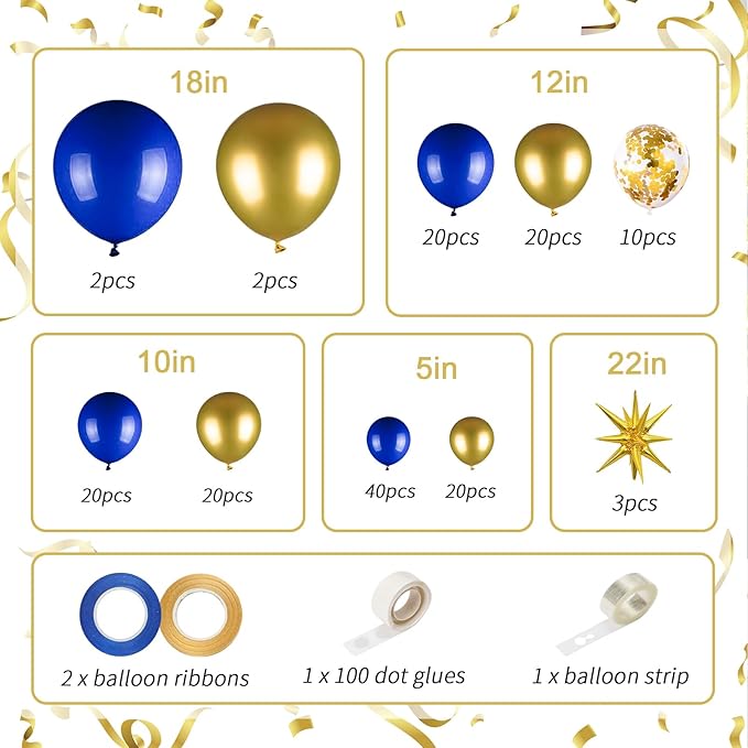 Royal Blue and Gold Balloons Garland Arch Kit, 156 Pack 18" 12" 10" 5" Navy Blue and Gold Confetti Balloons with Star Foil Balloons For Birthday, Graduation, Wedding Party Decorations
