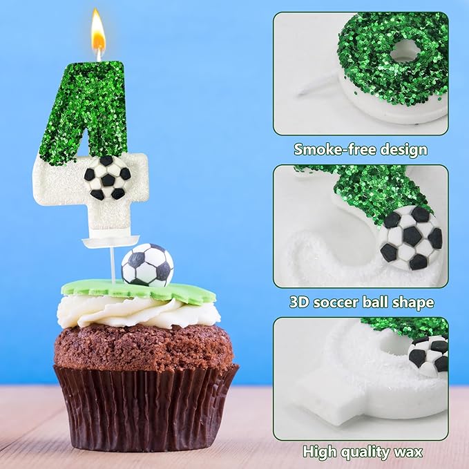 Soccer Birthday Candles Cake Topper for Girl and Boy, Wedding Cakes, Anniversaries, Party Celebrations, Birthday Decorations (Green White, 14)