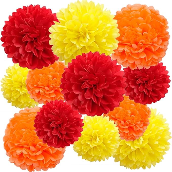 Red Orange and Yellow Paper Pom Poms (12 Pack) - Hanging Tissue Flowers for Thanksgiving Firefighter Birthday Party Ceiling Decorations