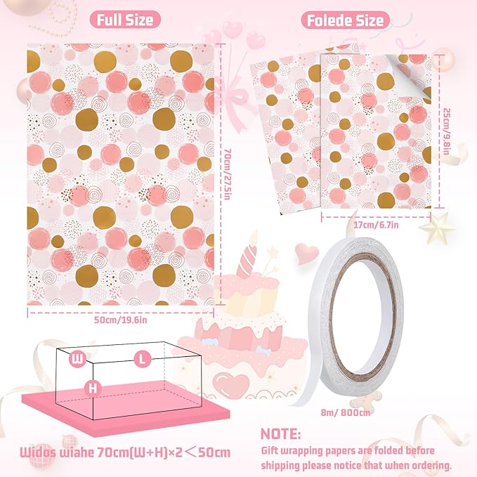 Pink Christmas Wrapping Paper, Girl Wrapping Paper with Metallic Gold Foil Design, Birthday Wrapping Papers for Girls and Women, Gift Wrapping Supplies for Birthday, Valentines Day, Christmas, Baby Shower, 27.5x19.6Inch