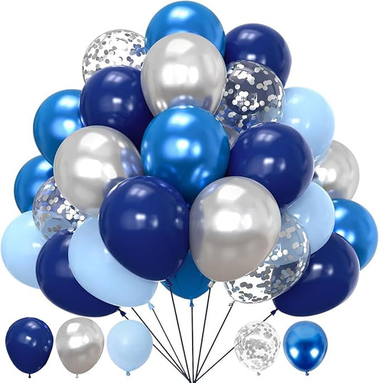 100pcs Blue and Silver Balloons, 12 Inch Navy Blue Metallic Silver Confetti Balloons for Graduation Birthday Baby Shower Wedding Retirement Party Decorations