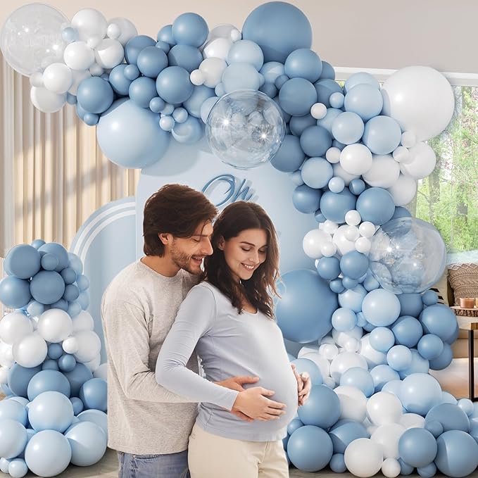 119pcs Dusty Blue Balloon Arch Garland Kit, Blue and White Balloon Arch Kit with Dusty Pastel Blue White Clear Balloons for Bridal Shower Gender Reveal Birthday Baby Shower Party Decorations