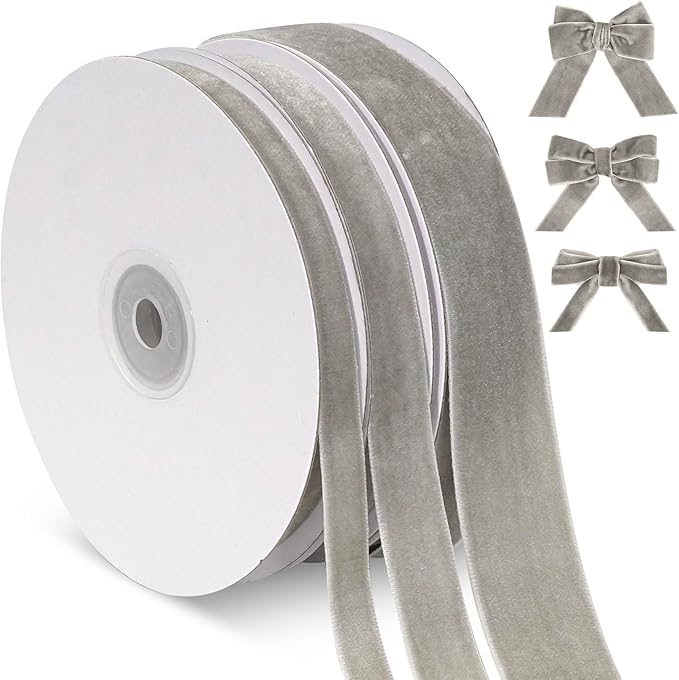 Thin Silver Velvet Ribbon Set, 3 Rolls Vintage Grey Velvet Ribbon for Gift Wrapping,Thick Gray Christmas Ribbons for Christmas Tree Ornaments, Holiday Wreaths, 3/8, 5/8, 1 inch Wide, 30 Yards Total