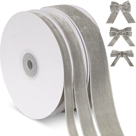 Thin Silver Velvet Ribbon Set, 3 Rolls Vintage Grey Velvet Ribbon for Gift Wrapping,Thick Gray Christmas Ribbons for Christmas Tree Ornaments, Holiday Wreaths, 3/8, 5/8, 1 inch Wide, 30 Yards Total