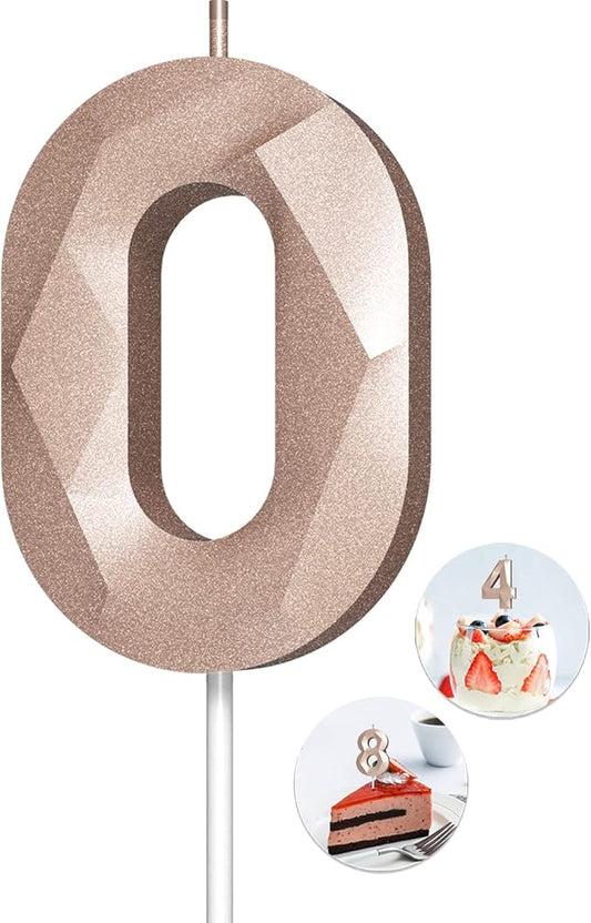 Number Birthday Candles(0 Candle Rose Gold) 3D Diamond Shape Number Happy Birthday Cake Candles for Birthday Party Wedding Decoration Reunions Theme Party