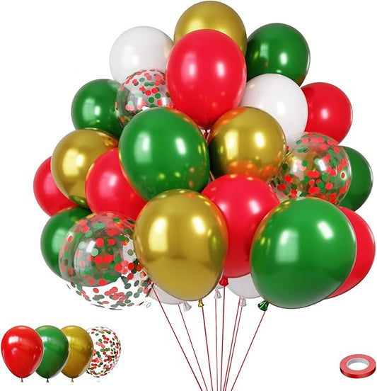 Red and Green Balloons, 60Pcs Dark Green Red Gold White Balloons for Merry Christmas Theme Birthday Party Backdrops Decorations