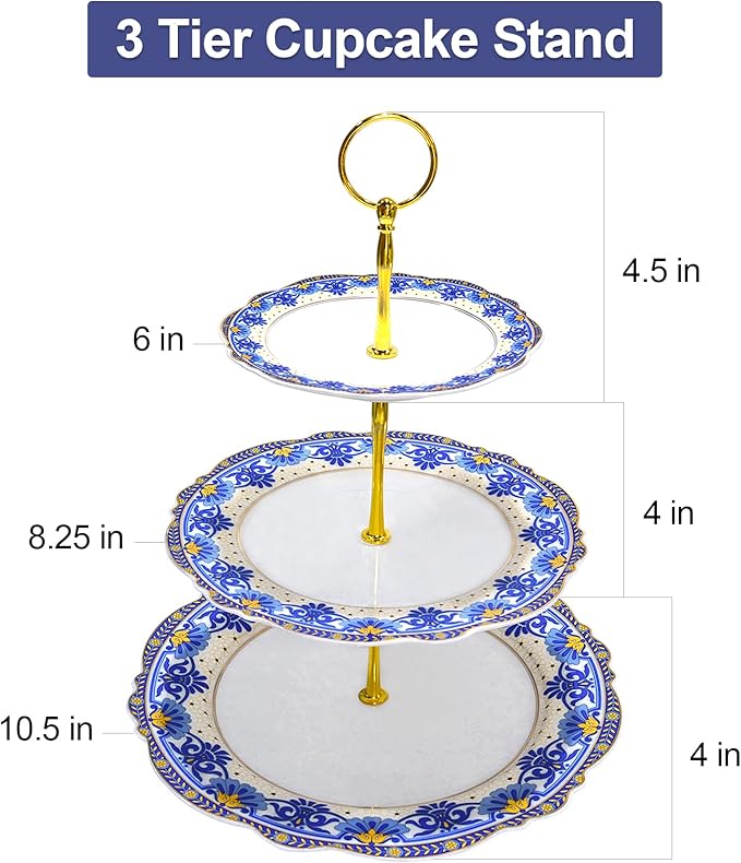 ACMLIFE 3 Tier Cupcake Stands for Dessert Table, Vintage Floral Round Cupcake Stand, Bone China Cake and Cupcake Stand for Party, Birthday, Weddings, Blue