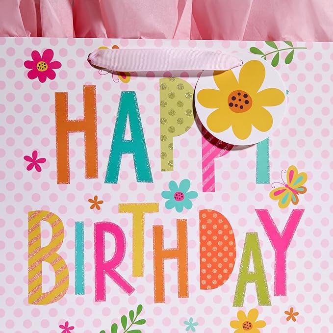 Bobobag 13" Pink Gift Bag with Tissue Paper for happy Birthday large gift bags for Girls