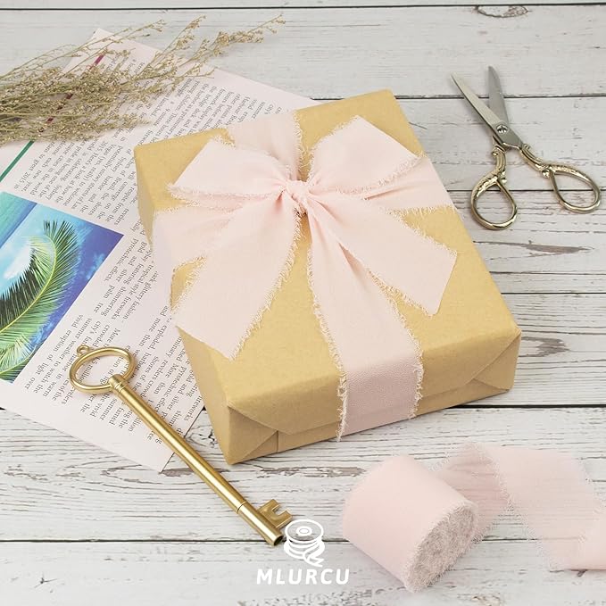 Blush Pink Chiffon Ribbon - 1-1/2 Inch x 21 Yards, Handmade Fringe, Boho Frayed, Pale Pink for Gift Wrapping, Wedding Invitation, Bridal Flower Bouquets