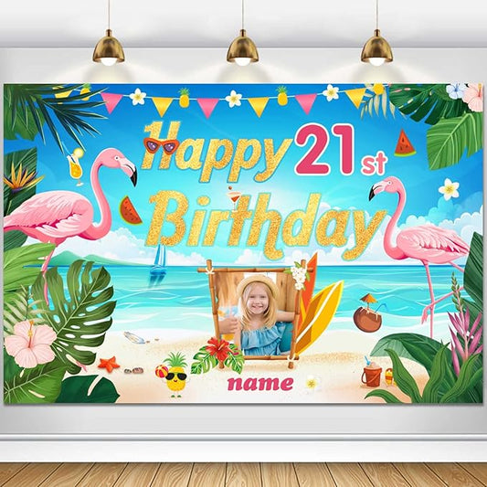 Custom Flamingo Theme 21st Birthday Decorations Banner - Personalized Fabric Banner for 21st Birthday Party Supplies