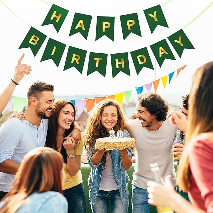 Green Happy Birthday Banner,Dark Green and Gold Party Decorations Sigh for Decor,Backdrop Birthday Party Supplies,No DIY for Girls Boys Kids and Women Party Hanging(Pre-Strung,16ft)