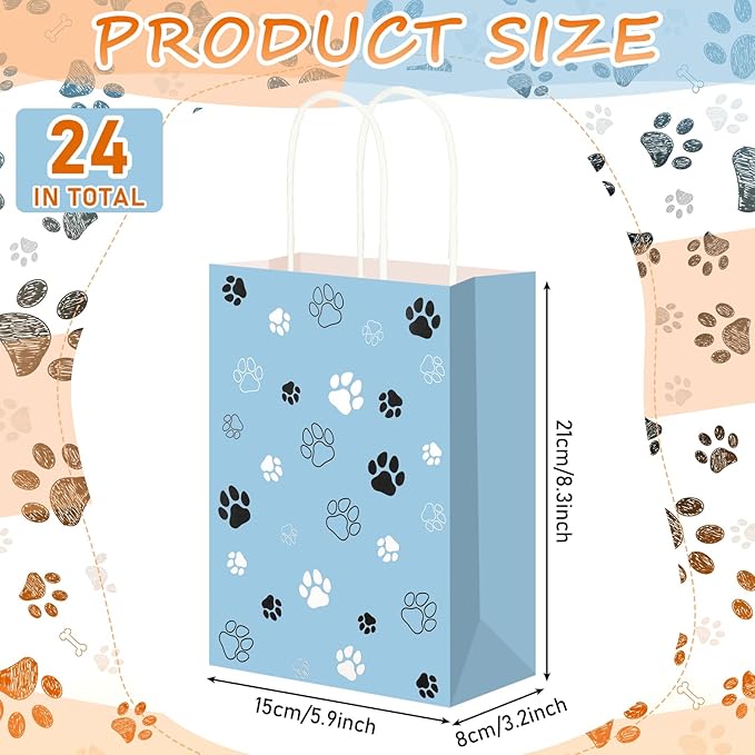 Kolldenn 24 Pcs Small Dog Party Favors Puppy Paw Print Gift Bags with Handles Small Gift Paper Bags Puppy Print Treat Goodie Shopping Handbags for Dog Birthday Party Favor Supplies