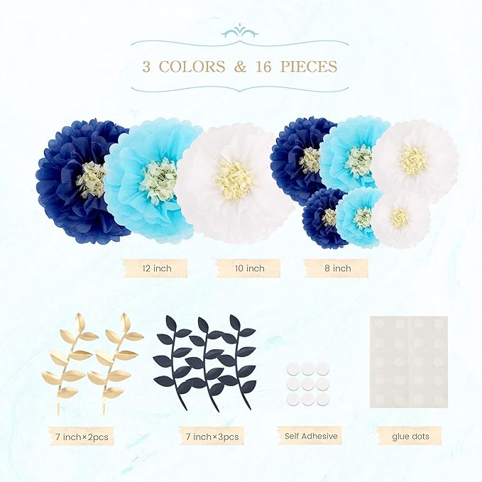 Fonder Mols Tissue Paper Chrysanth Flowers with Butterfly and Olive Leaves for Wedding Baby Shower Nursery Room Parties & Events Decorations Pom Poms (Navy Turquoise White)