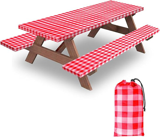 7ft Picnic Table and Bench Cover, Camping Essentials RV Gear, 84 in Waterproof Windproof Outdoor Elastic All Around Tablecloth, Fitted Rectangle Tables and Seats, Red-White Checkered