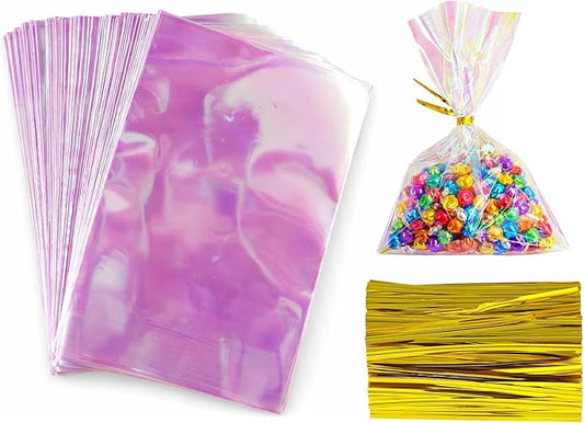 Amzlysdok 100PCS Iridescent Cellophane Bags,4 x 6 Inches Treat Bags with Twist Ties for Candy, Snacks, Cookies,Party Favors, and Gift Wrapping