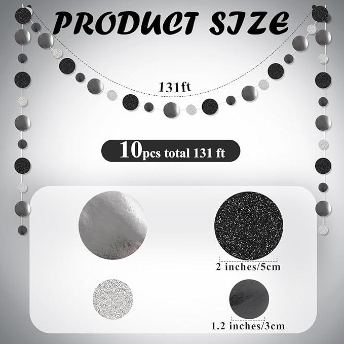 Outus 10 Pieces Black,Silver Round Dots Garland Graduation Party Hanging Decor Each Length 13.1ft Glitter Paper Dot Streamers for Birthday Wedding Classroom Supplies