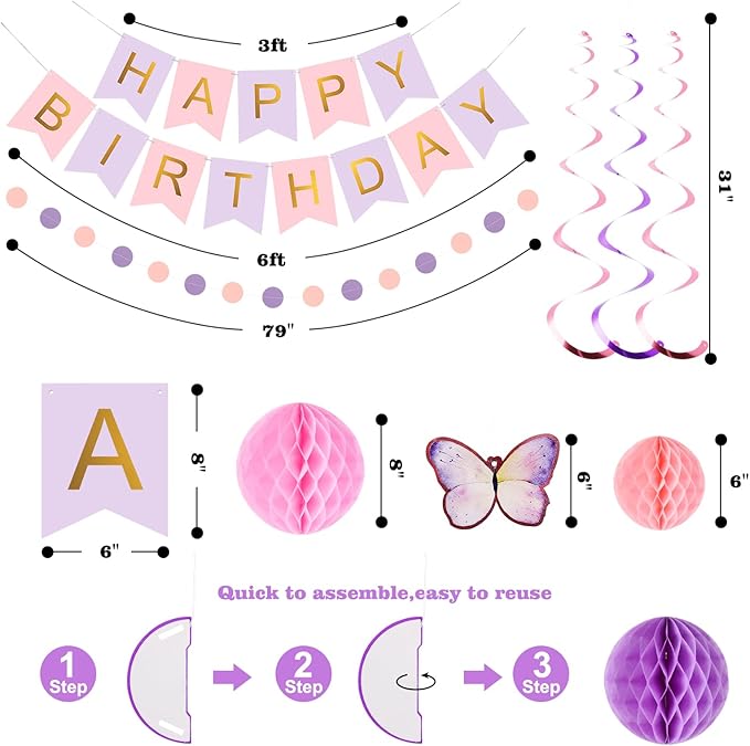 meowtastic Birthday Decorations, Happy Birthday Banner with Honeycomb Balls, Butterfly Hanging Swirl Streamers, Circle Dots Garland, Happy Birthday Party Decorations for Women Girls (Purple&Gold)