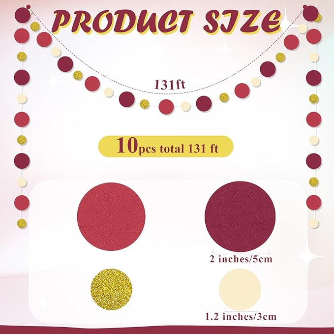 Outus 10 Pieces Maroon,Gold Round Dots Garland Graduation Party Hanging Decor Each Length 13.1ft Glitter Paper Dot Streamers for Birthday Wedding Classroom Supplies