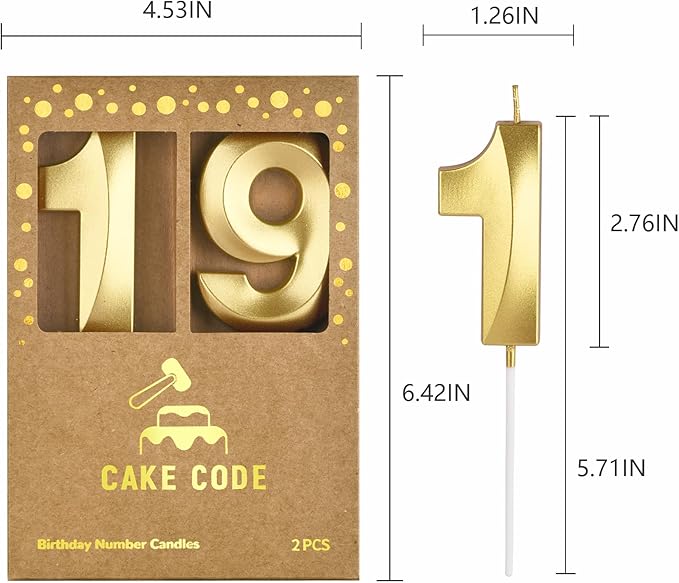 2.76 Inch Diamond Gold 19 Number Birthday Candles, Gold Number Candles, Cake Number Candles, Party Celebration