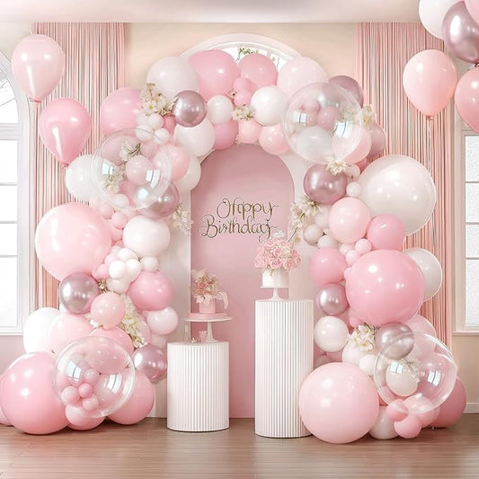 Pink and White Balloon Arch Kit, Pastel Pink Balloon Garland with Dusty Light Metallic Pink Matte White Balloons and Clear Balloons for Valentines Day Bridal Shower Wedding Party Birthday Decorations.