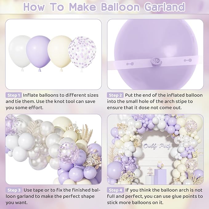 Ouddy Party Pastel Purple White Balloons Garland Arch Kit, Different Sizes 18 12 10 5 Inch Lavender Lilac Pearl White Ivory Latex Confetti Balloon for Wedding Bridal Shower Birthday Party Decorations
