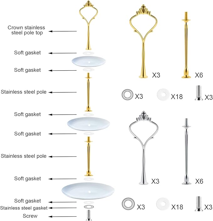 6 Set Tiered Tray Hardware for Cake Stand Mold Crown 3 Tier Cake Stand Fittings Hardware Holder for Wedding and Party Making Resin Cupcake Dessert Platter Serving Stand (Gold & Silver, M)