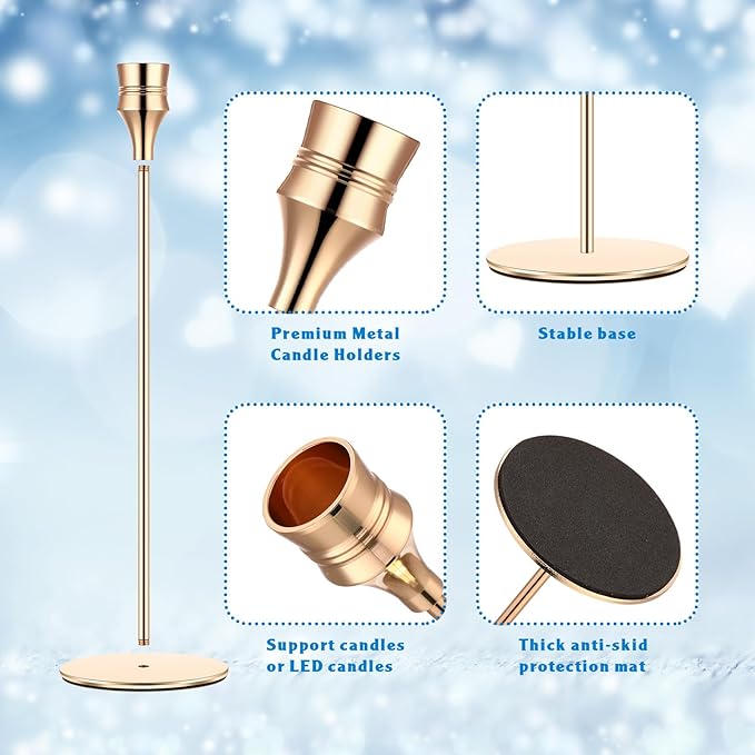 Yaomiao 15 Pcs Gold Candlestick Holder Bulk Gold Taper Candleholders Metal Candle Stick Holder Decor for Wedding Table Centerpiece Dinning Party Anniversary Fit 0.75 Inch Thick Candle 9, 11, 13 Inch
