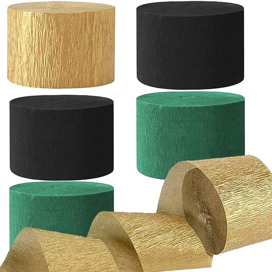 We Moment Black and Dark Green Gold Crepe Paper Streamers Party Streamer 1.8 Inch Widening 6 Rolls,Black and Dark Green Gold Party Decorations Streamer 82 feet per roll for Birthday Party Decorations