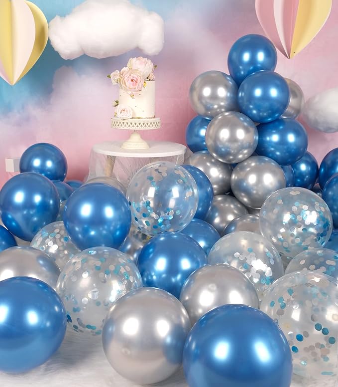 Metallic Shiny Blue and Silver Balloons 12 Inch 67PCS Silver Blue Confetti Balloons Latex Helium Balloon Set for Graduation Wedding Birthday Party Decorations