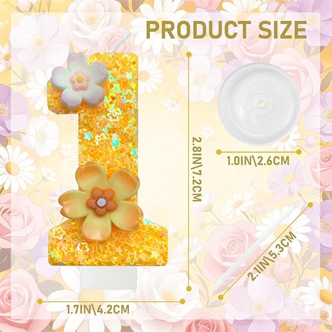 Yellow Birthday Candle, Flower Number Birthday Candles for Cake, Ideal Birthday Parties Cake Decor, Wedding Anniversary and Other Celebrations (1 Candle, Yellow)