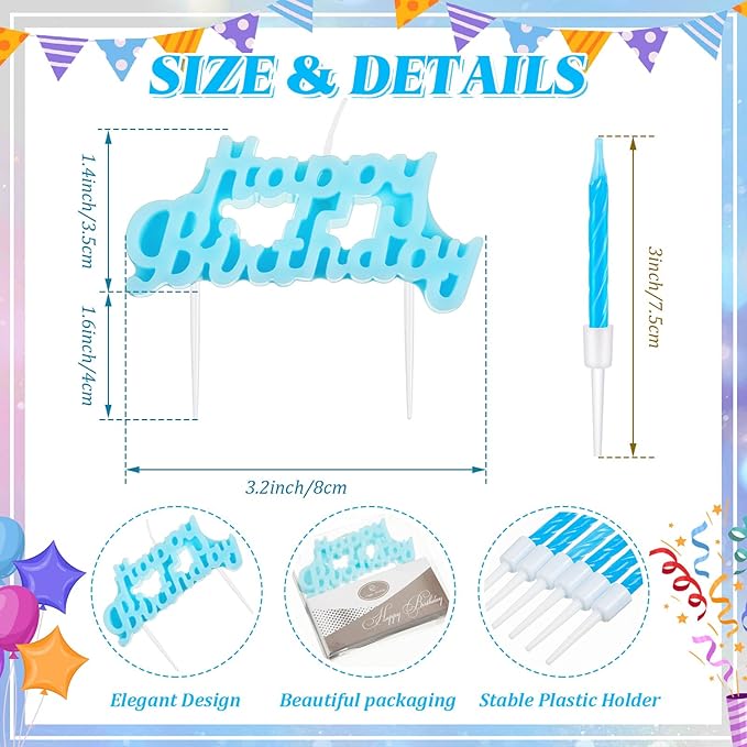 MTLEE Happy Birthday Candles Letter Cake Topper with 10 Pcs 2.95 Inch Short Thin Spiral Candles for Cake Topper Birthday Decoration Party Supplies(Blue)