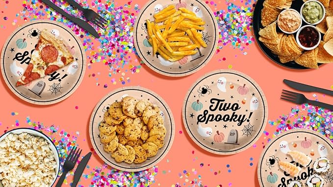 Two Spooky Second Birthday - 32 Piece Disposable Party Supplies - Decorations for Halloween 2nd Birthday Round Party Plates - Large 9" Paper Plates In Bulk