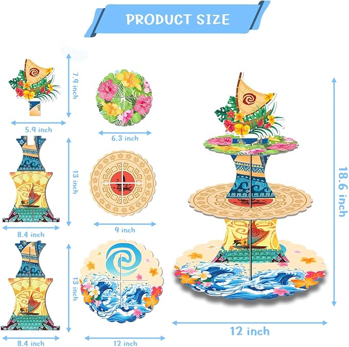 OU RUI Large 3-Tier Tropical Hawaiian Cupcake Stand 12Inch Cardboard Cupcake Tray Dessert Tower Holder for Wedding Birthday Baby Shower Tropical Luau Theme Party Supplies