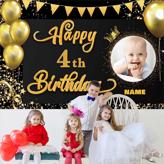Custom Happy 4th Birthday Decorations Banner -4 Years Old Birthday Decorations Backdrop for Women Men Boys Girls - Personalization Happy 4th Birthday Party Decorations Supplies - Black and Gold
