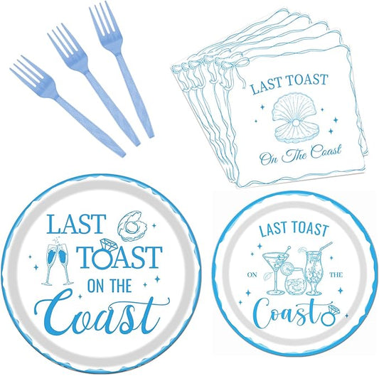 Last Toast on the Coast Bachelorette Tableware Party Decorations, 96PCS Coast Bachelorette Disposable Paper Plates and Napkins Forks Decoration for Birthday Decor, Serve 24