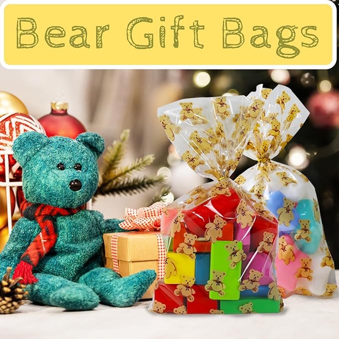 LEOSINDA100 Pcs Clear Cellophane Treat Bags 7 X 12 Inch Bear Valentine Cellophane Candy Bags with Twist Ties for Valentine's Day and Birthday Favors Gift Cookie Weddings Packing Party Favor Supplies