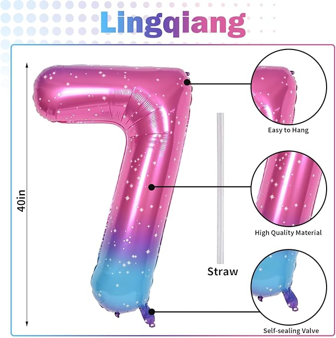 40'' Rainbow Number 7 Balloons, Giant Self Inflating Gradient Blue Pink Foil Number Balloons Set 0-9, Starry Digital 7 Helium Balloon for Girls 7th Birthday Party Decorations Anniversary Supplies