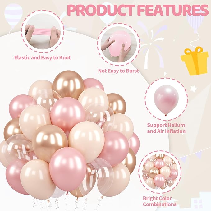 Dusty Pink and Gold Balloons, 60PCS Double Stuffed Pearl Blush Pink Balloons, 12 Inch Apricot Champagne Gold Clear Balloons Helium for Women Girls Boho Birthday Wedding Bridal Shower Party Decorations