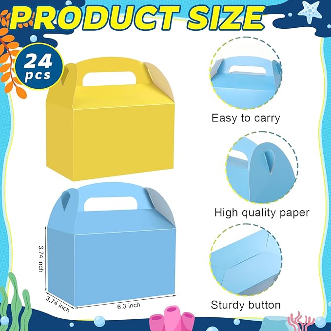 Honoson 24 Pcs Gable Paper Gift Boxes Yellow and Blue Party Favor Treat Boxes for Goodie, Candy, Cookie, Snacks, Sponge Birthday Cartoon Themed Party Decorations 6.3" x 3.74" x 3.74"