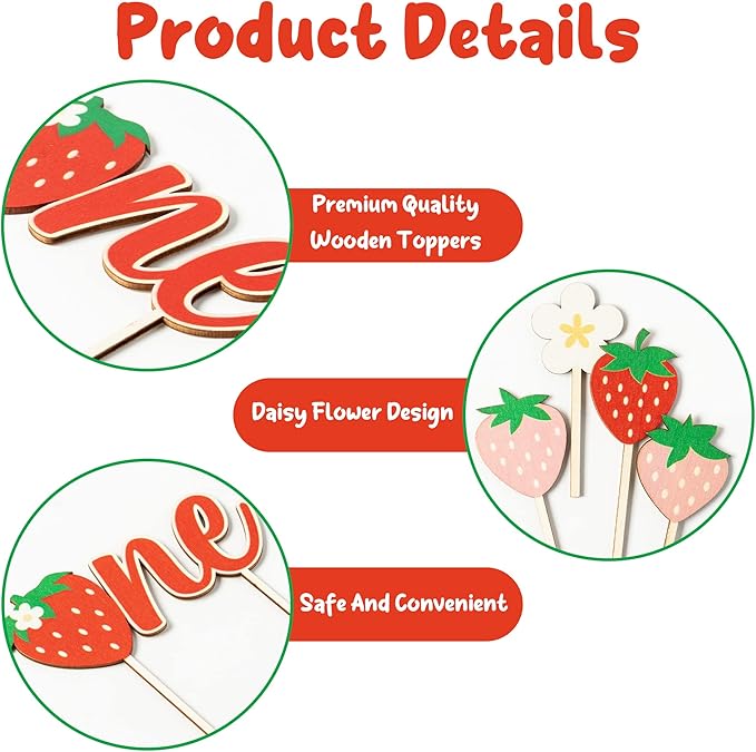 first Birthday Cupcake Topper - 5 Pcs Cute Daisy Strawberry Shortcake Wooden ONE Cake Topper Kids' One Year Old Berry first Happy Birthday Party Cake Dessert Decorations Supplies Baby Shower