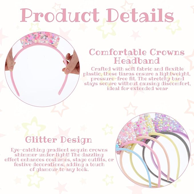 18 Pack Princess Party Favors, Princess Crown Headband Glitter Sequin Headbands Crown Shiny Tiaras and Crowns Glitter Headbands Crowns Glitters Tiara Set for Birthday Party, Proms, Gifts (Multicolor)