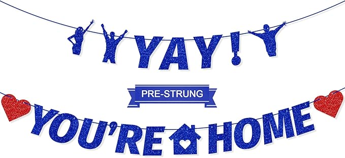 Pre-Strung Yay! You’re Home Banner, NO DIY Glitter Welcome Home Decorations for Military Army Returning Homecoming Party, Blue