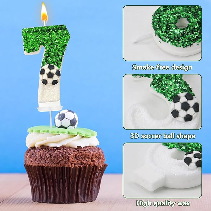 Birthday Candles，Soccer Birthday Decorations，Soccer Cake Topper,for Girl and boy Cake Toppers, Wedding Cakes, Anniversaries, Party Celebrations, Birthday Decorations (Green White, Number 7)