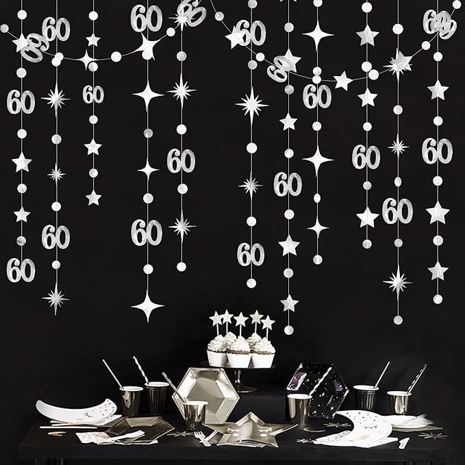 Silver 60th Birthday Decorations Number 60 Circle Dot Star Garland Hanging Streamer Bunting Banner Backdrop for Mens Cheers to 60 Years Old Happy 60th Birthday 60th Anniversary Sixty Party Supplies